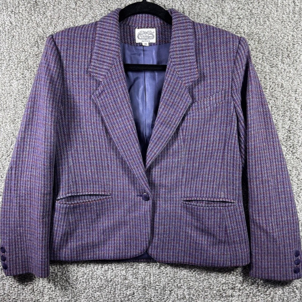 The Villager Petites Purple Plaid‎ Blazer Wool Womens 10 Petite Single Button